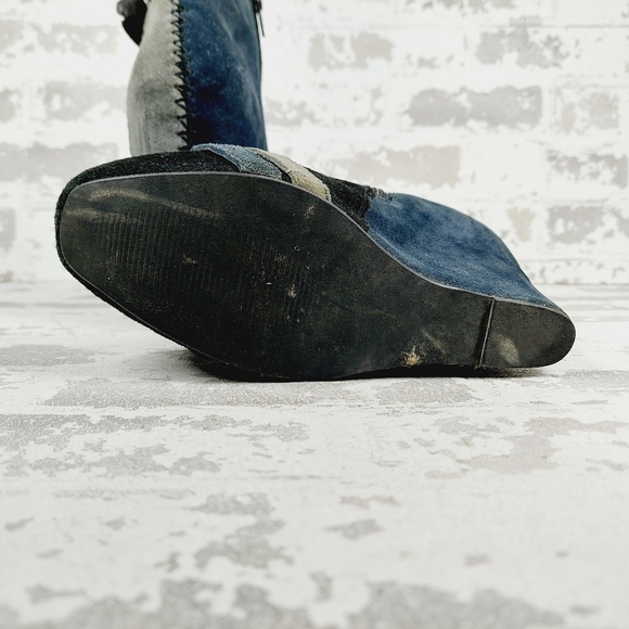 Restricted Blue & Black High Heel Patchwork Wedge Buckle Booties C623 - Picture 8 of 14